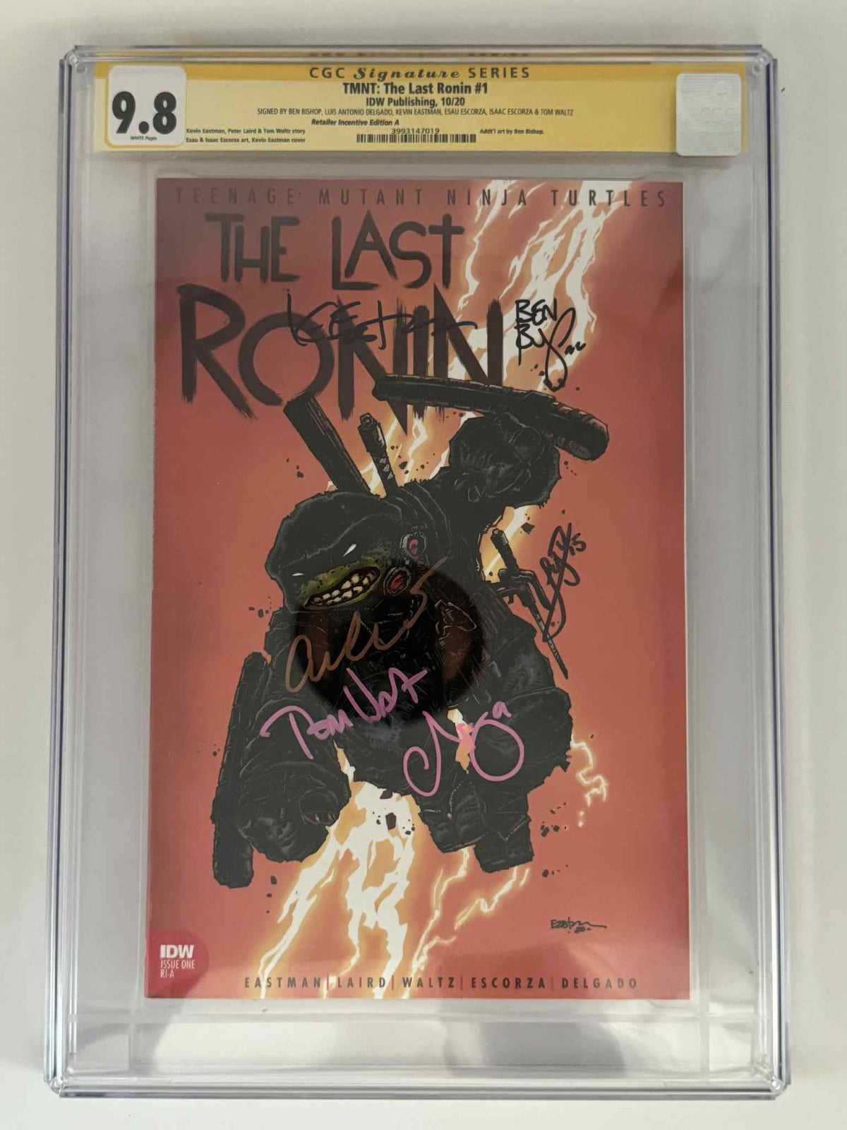[Signed by Ben Bishop | Luis Antonio Delgado | Kevin Eastman | Esau Escorza | Isaac Escorza | Tom Waltz] TMNT: The Last Ronin #1 CGC 9.8 Yellow Label Eastman Exclusive Var